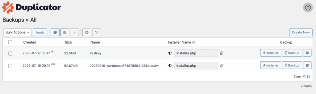 Duplicator lite backups